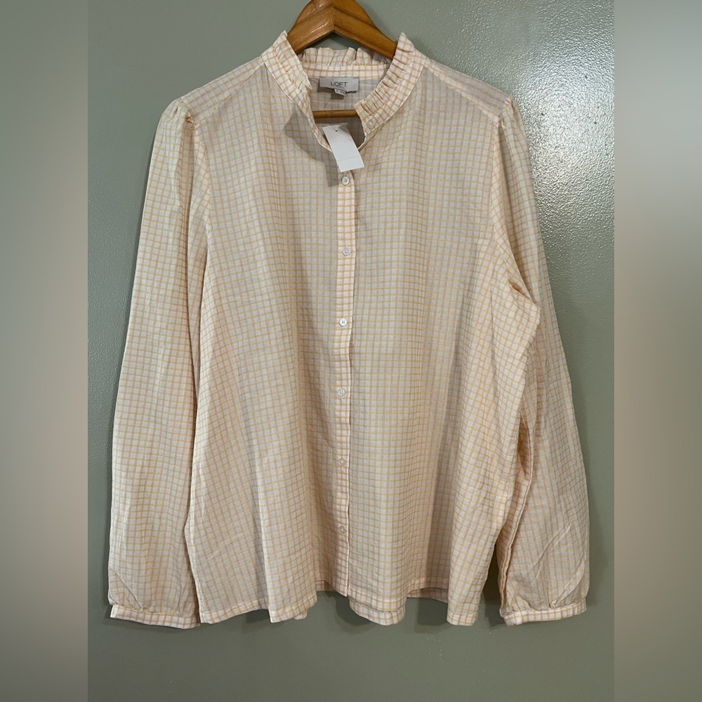 LOFT Tan and Orange Casual Button Up Shirt 100 % Textured. Cotton Plaid XL NWT